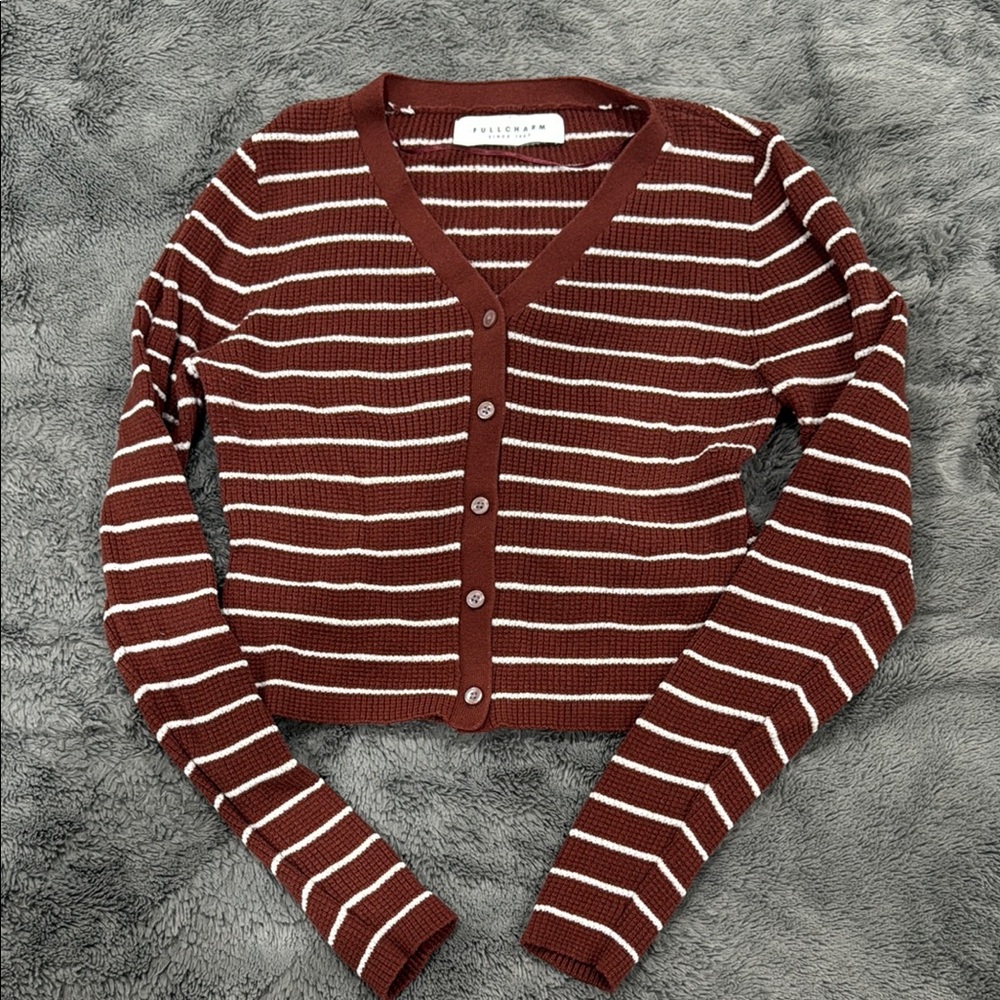 Brown and White Striped Cardigan Sweater